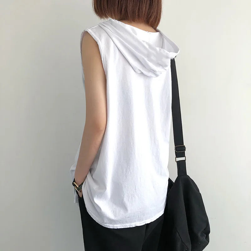 2024 Loose Tank Top Hooded Solid Round Sleeveless Head Temperament T-shirt Large Top Hot Selling in Southeast Asia
