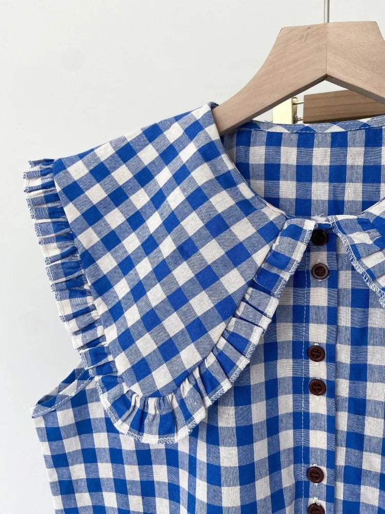 Korobov French Blue Plaid Ruffled Sleeveless Shirt Women's Clothing Summer Loose Blouses Doll Age Reduction Sweet Fashion Top