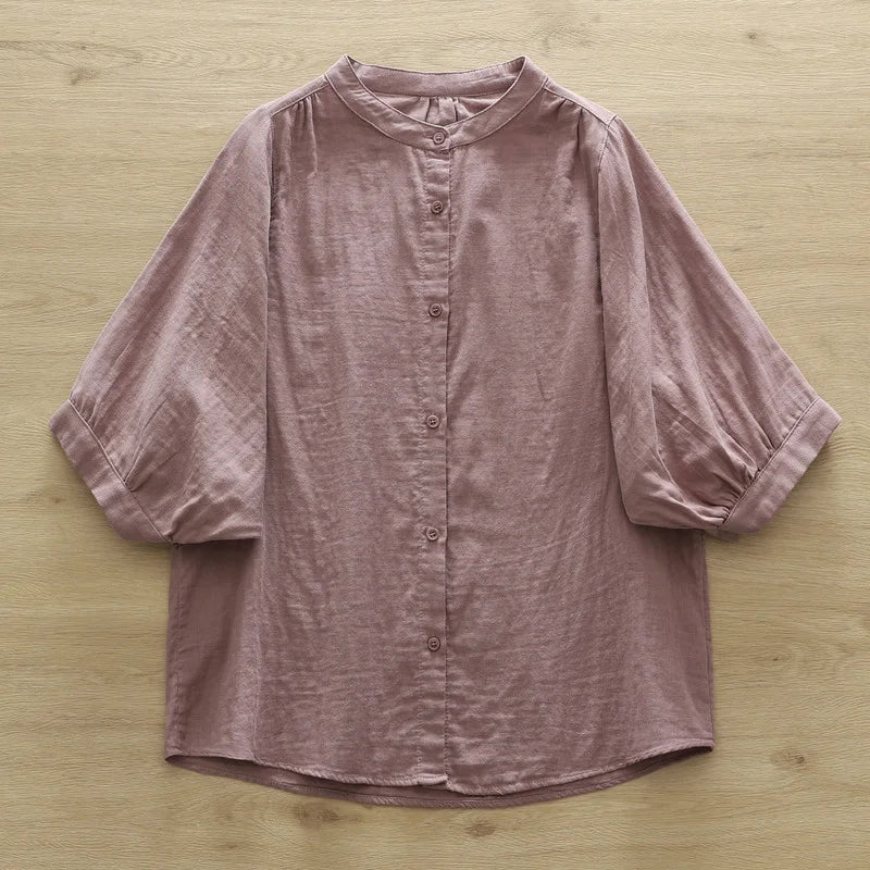 100% Cotton yarn women's shirt 2025 summer Japan style brief short bat sleeve blouses large size tops middle aged women blouses