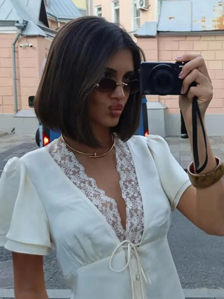 Retro Lace Deep V-neck Shirt Women Chic Solid Lace Up Buttons Slim Shirts Female 2025 Summer Versatile Fashion Street Tops