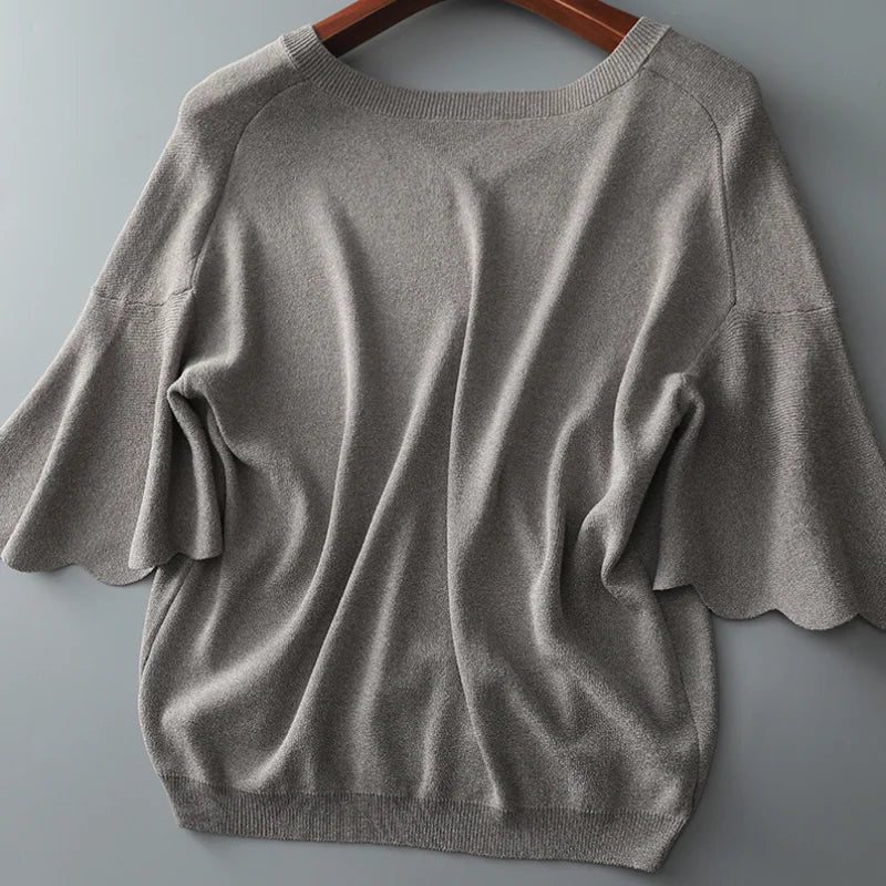 Women's Summer Knitted Shirt Petal Sleeve V-neck Solid Tops Loose Short Sleeve Ice Silk Sweater Fashion Women Shirt 14799