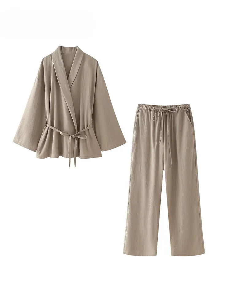 TRAF 2024 Fashion Women's Pants Suit Solid Khaki Drawstring Long Sleeve Cardgian Blouse+ Elastic Waist Wide Leg Pants Streetwear