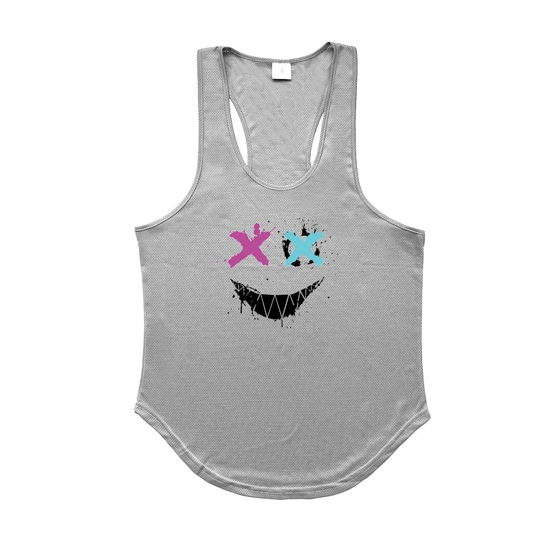 Trendy Personality Funny XX Smile Face Gym Fitness Vest Men Bodybuilding Sleeveless Tank Tops Mesh Quick Dry Racer Back T-Shirt