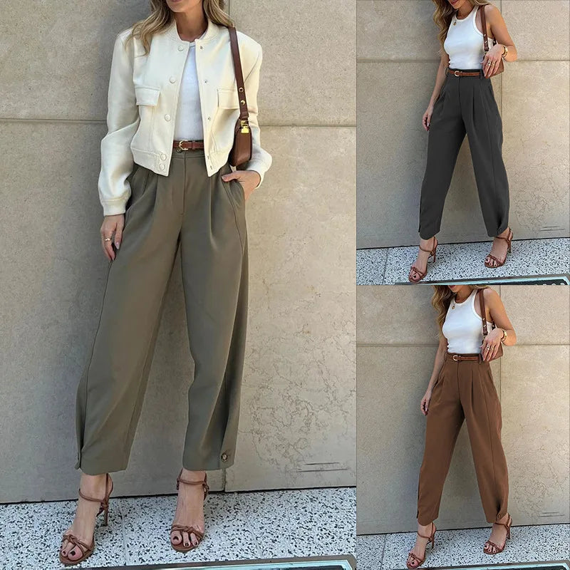 BAMBOOBOY Women Casual Office Lady Ankle Banded Pants Work Solid Color Tailored Draped Simple Ankle-Length Trousers with Pockets