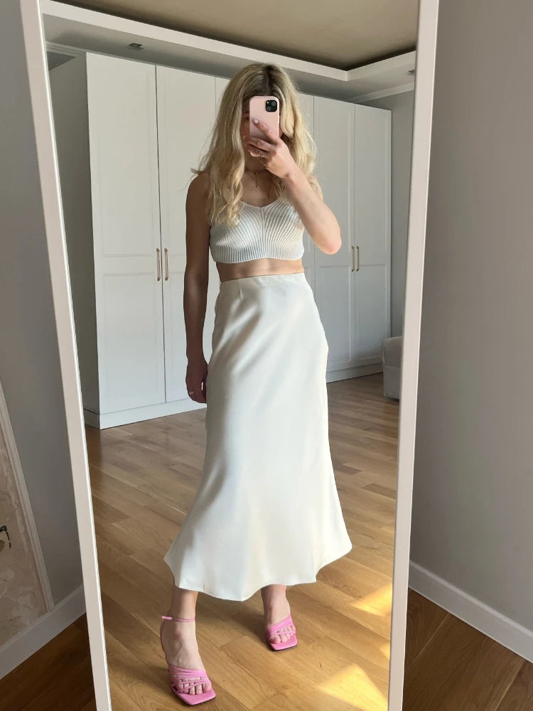 Women's Long Skirt 2024 New Fashion Satin Skirt Office Lady Elastic Waist Solid Champagne Purple Red Silk A-LINE Skirt for Women