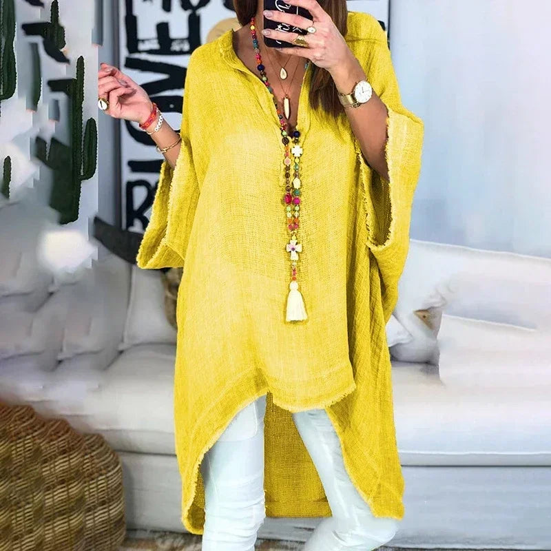 Lugentolo Large Size Blouses Women Linen Loose V-Neck Solid Three Quarter Casual Irregular Hem Womens Tops and Shirts