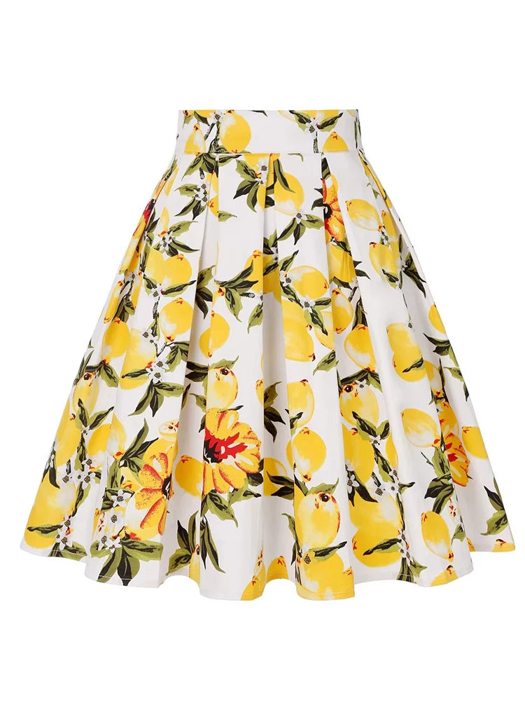 4XL Floral Music Print 50s 60s Swing Skirts Summer Casual Retro High Waisted Pleated Rockabilly Vintage Jurken Women Clothing