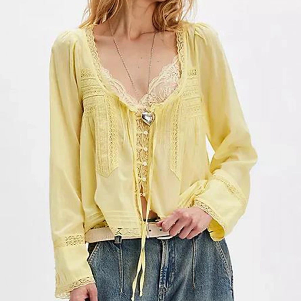 Combhasaki Women's Y2K Fairy Long Sleeve Square Neck Shirts Lace Patchwork See-through Tie-up Front Button-down Blouse Crop Tops