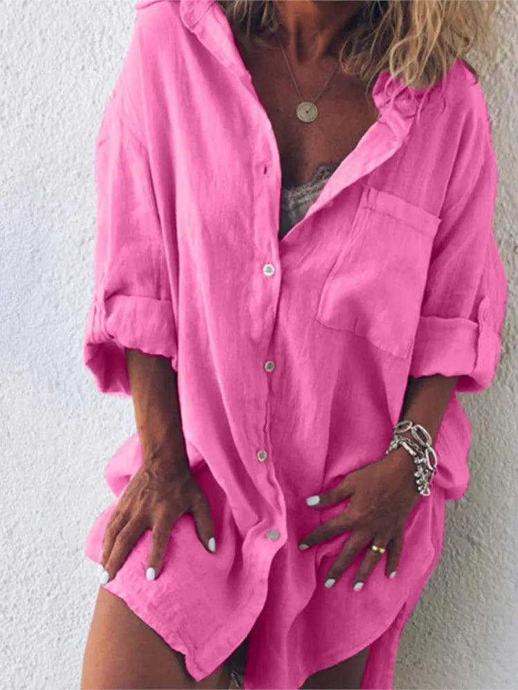 Summer Women's Clothing New Fashion Cotton Linen Pocket Beach Fashion Button Up Shirt Long Sleeved Casual Comfortable