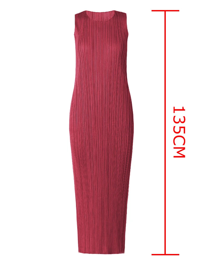 Miyake Pleated Women Dress Summer Sleeveless Long Classic Korean Fashion Casual Elegant Female Lce Water Blue Beach Dress TP5045