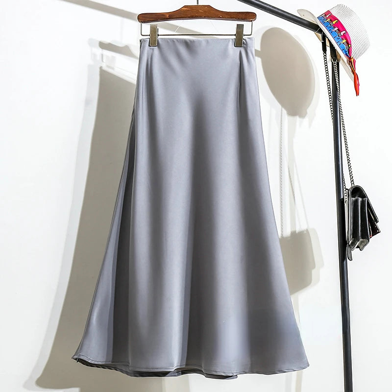 Women's Long Skirt 2024 New Fashion Satin Skirt Office Lady Elastic Waist Solid Champagne Purple Red Silk A-LINE Skirt for Women