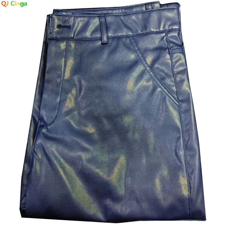 Men's Leather Motorcycle Pants with Cargo Pockets, Black, PU Pants  No Belt, Men Trousers Big Size S-5XL