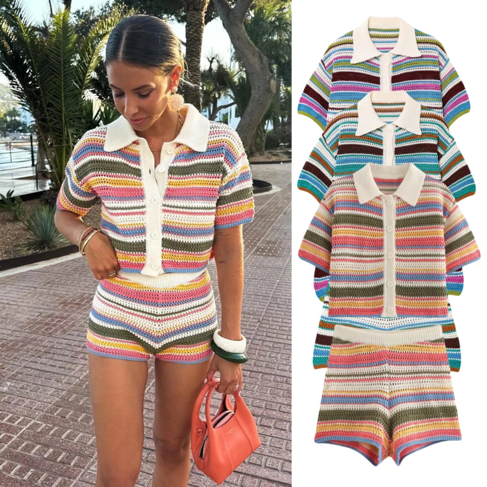 PB&ZA2024 autumn new women's clothing fashion temperament slim fit casual POLO collar short knitted sweater striped shorts set