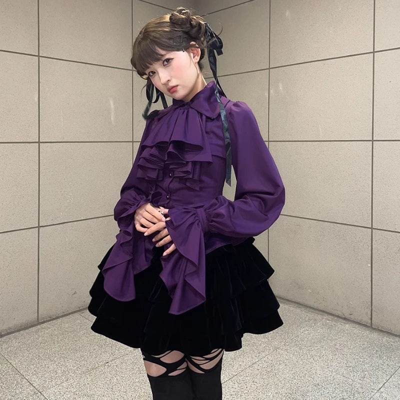 Lolita Sweet Flare Sleeve Blouse Y2k Aesthetic Ruffle Grunge Bodycon Shirt Tops Women Harajuku Single Breasted Vintage Blusas