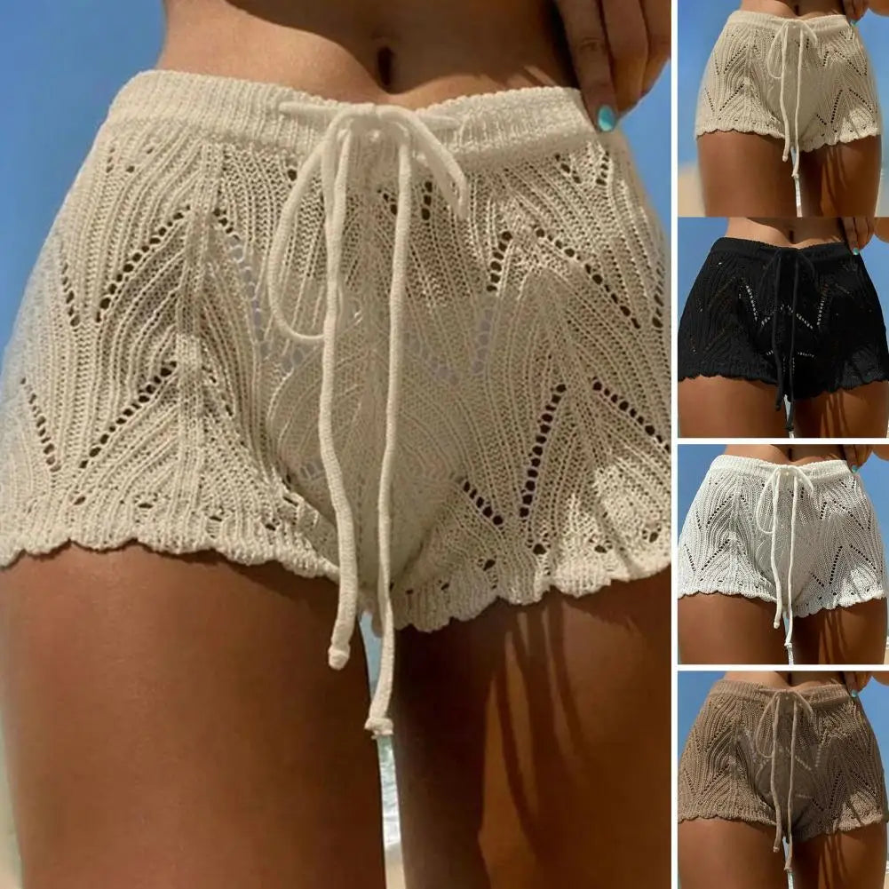 Breathable Summer Shorts Elegant Lace Beach Shorts for Women Hollow Out Knitted Drawstring Elastic Waist Bikini Shorts Soft