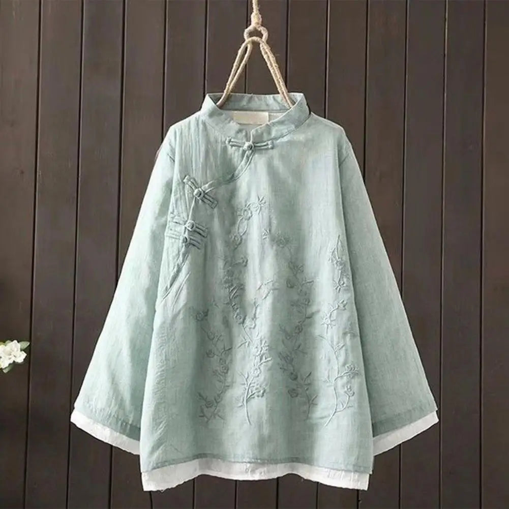 Women Spring Blouse Chinese Style Embroidered Flower Knot Button Vintage Shirt Loose Stand Collar Retro Shirt Lady Blouse Top