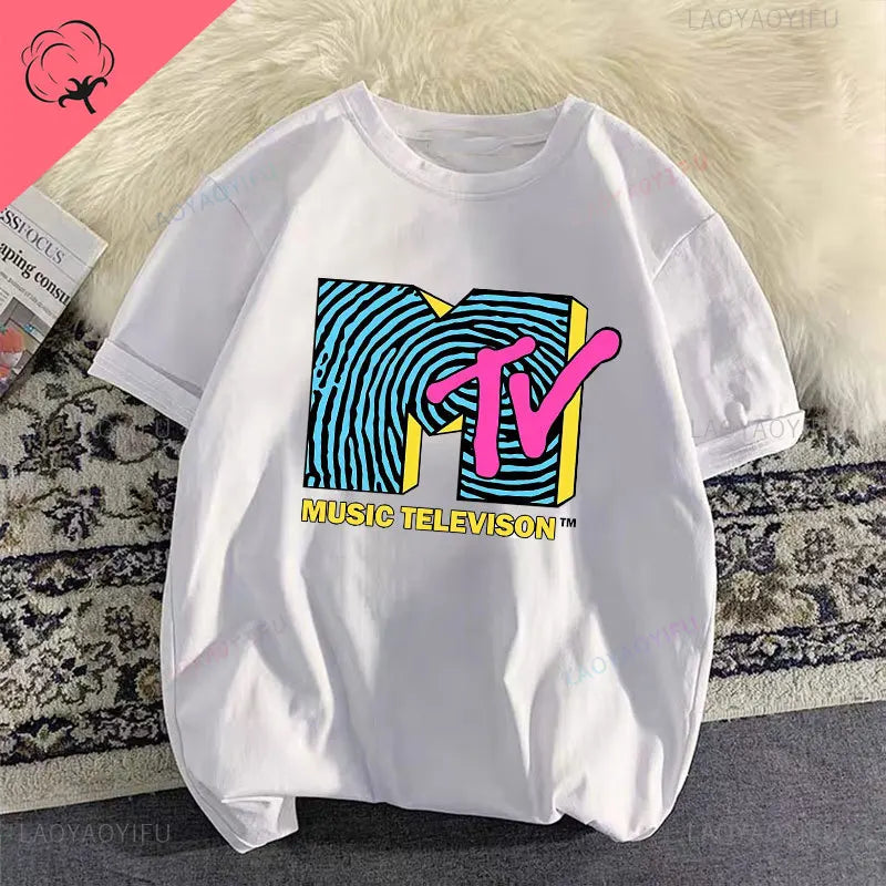 Woman Clothing Retro Cotton T Shirt Vintage Rock Hip Hop Modal Summer Unisex Casual Shirt Mtv Music Elevision Graphic Shirts