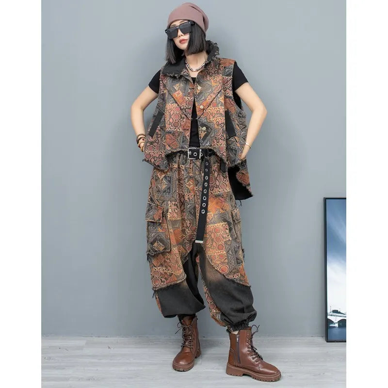 Spring Summer Trendy Personality Print Distressed Denim Irregular Vest + Large Crotch Pants Two-piece Set Women LX323