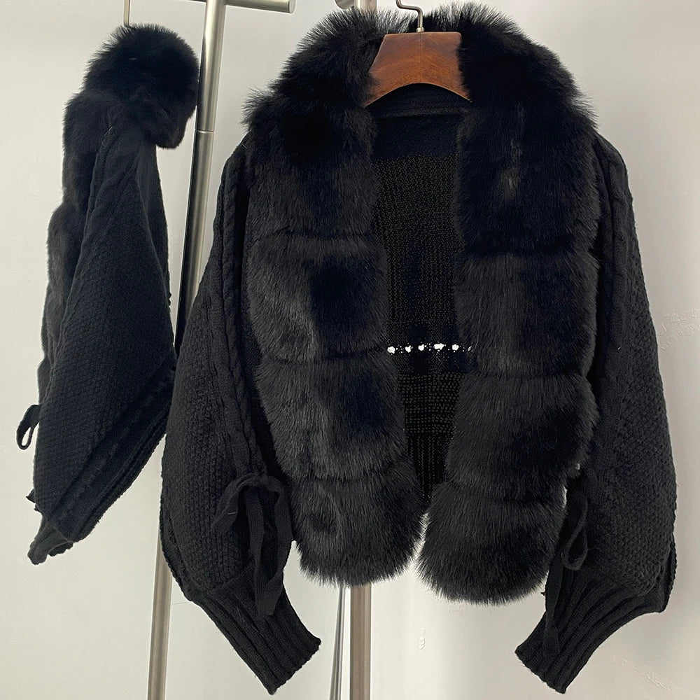 FURYOURSELF 2025 Autumn Winter Women's Short Knitted Sweater with Artificial Fur New Brazilian Best-selling Women's Cardigan