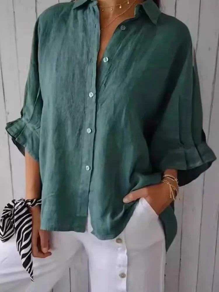 New Women Cotton Linen Shirts Elegant Back Bow Lace Up Solid Casual Shirt Spring Summer Lapel Half Sleeve Blouse Loose Tops
