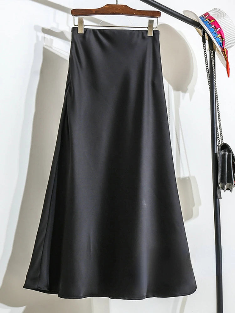 Women's Long Skirt 2024 New Fashion Satin Skirt Office Lady Elastic Waist Solid Champagne Purple Red Silk A-LINE Skirt for Women