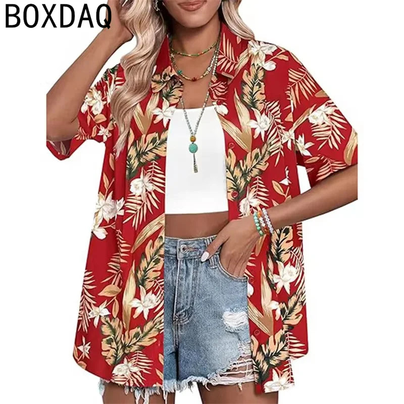 Tropical Coconut Tree Print Women's Hawaii Style Shirt Summer Lapel Short Sleeve Single Breasted Casual Personalized Shirt Tops