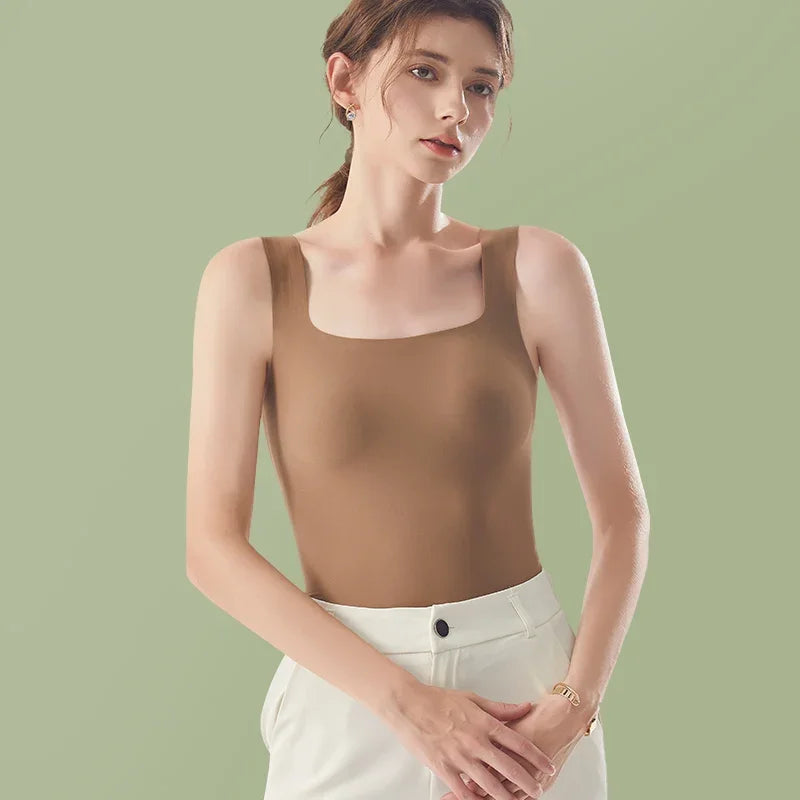 HELIAR Women Summer Seamless Solid Tank Top With Bra Pad Square Collar Ice Silk Comfort Crop Top Sleeveless Street Sports Camis