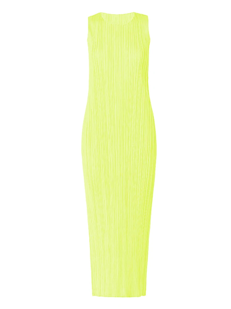 Miyake Pleated Women Dress Summer Sleeveless Long Classic Korean Fashion Casual Elegant Female Lce Water Blue Beach Dress TP5045