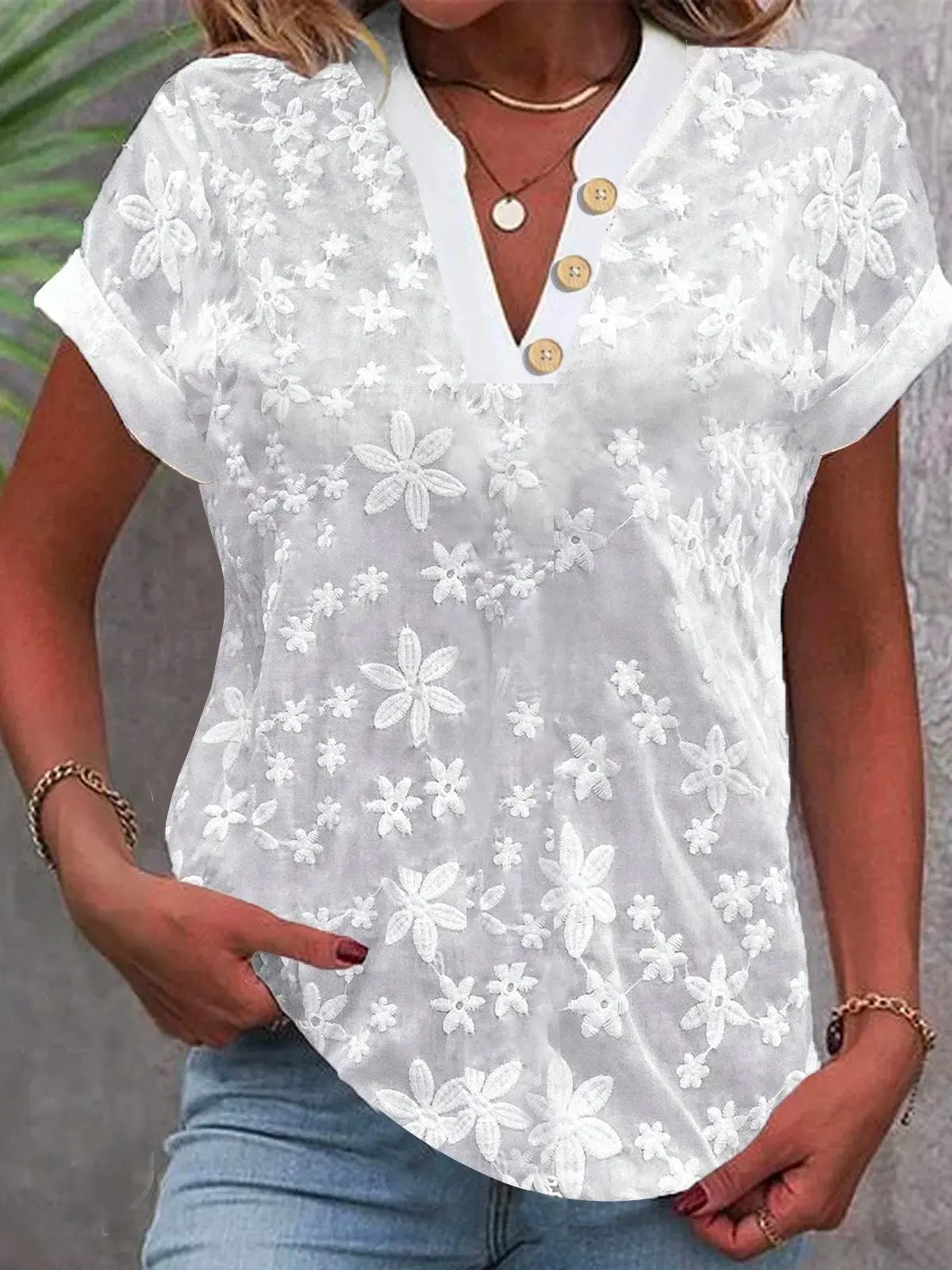 Women Shirt Pullover Solid Blouses Spliced V Neck Shirts Casual Summer 2024 Loose Fit Slight Strech Button Basics Embroidery