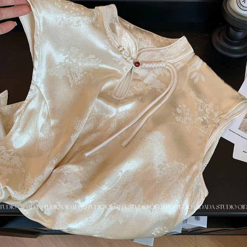 New Chinese Style Sleeveless Shirt Top High Neck Buckle Thin Satin Floral Female Shirt Summer Slim Mature Woman Short Sleeve