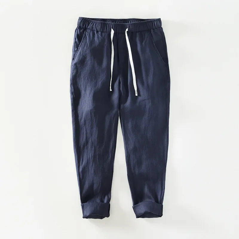 Spring Summer New Pure Color 100% Linen Pants Men Clothing Casual Simple Oversize Trousers B8236