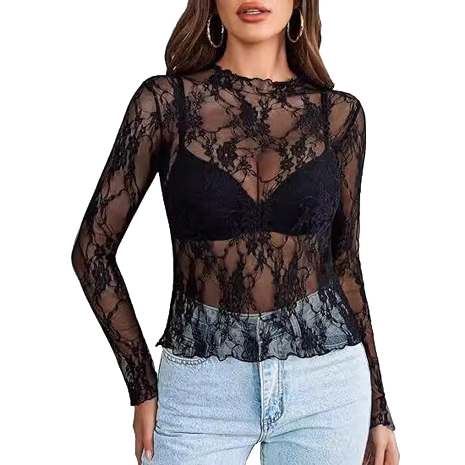 Women Mesh Bottoming Shirt See through O Neck Long Sleeve Lady Blouse Slim Fit Sexy Clear Sun Gauze Tops