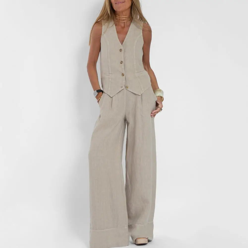 Casual Style Suit Set Fashionable Women's Cotton Linen Suit Sleeveless Vest Wide Leg Pants Set for Office or Casual Wear