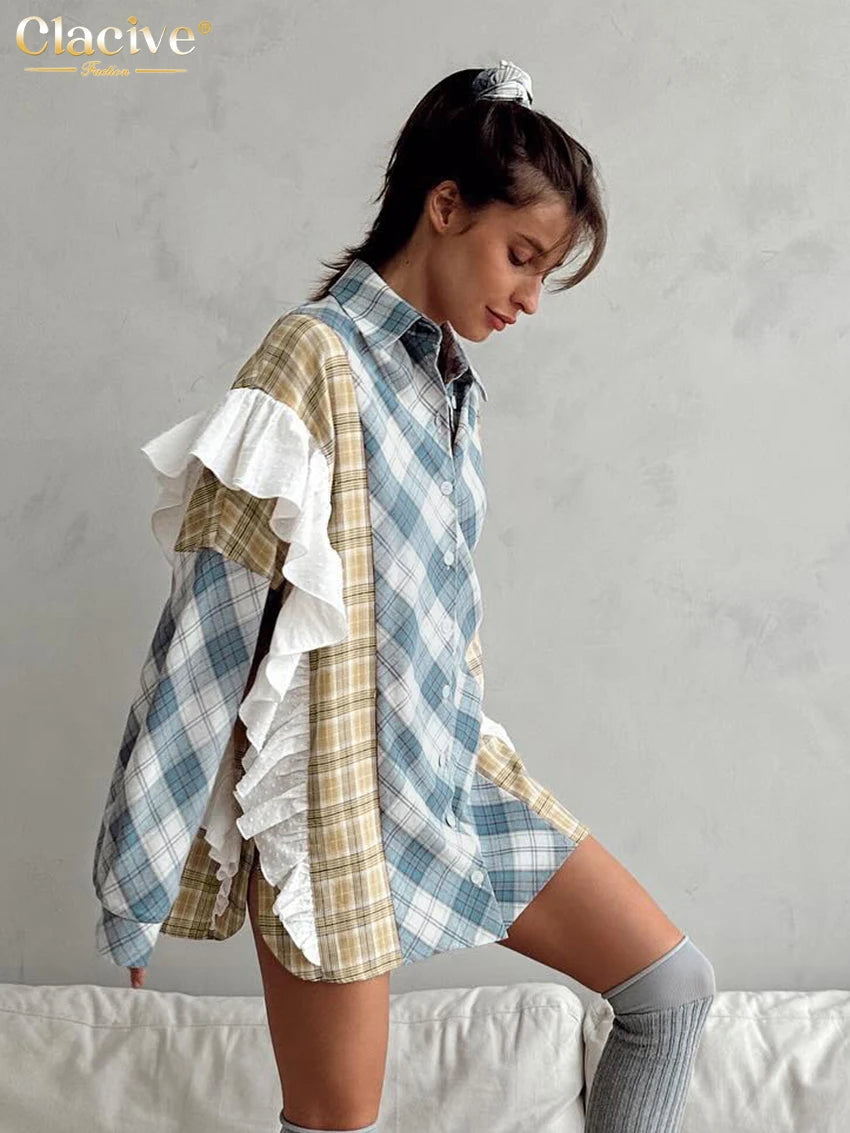 Clacive Fashion Loose Plaid Women's Shirt 2024 Vintage Lapel Long Sleeve Blouses Elegant Classic Ruffle Tops Female Clothing