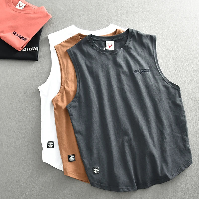 Summer New American Retro Sleeveless O-neck Letter Embroidery T-shirt Men's Fashion 100% Cotton Washed Casual Sports Vest Tops