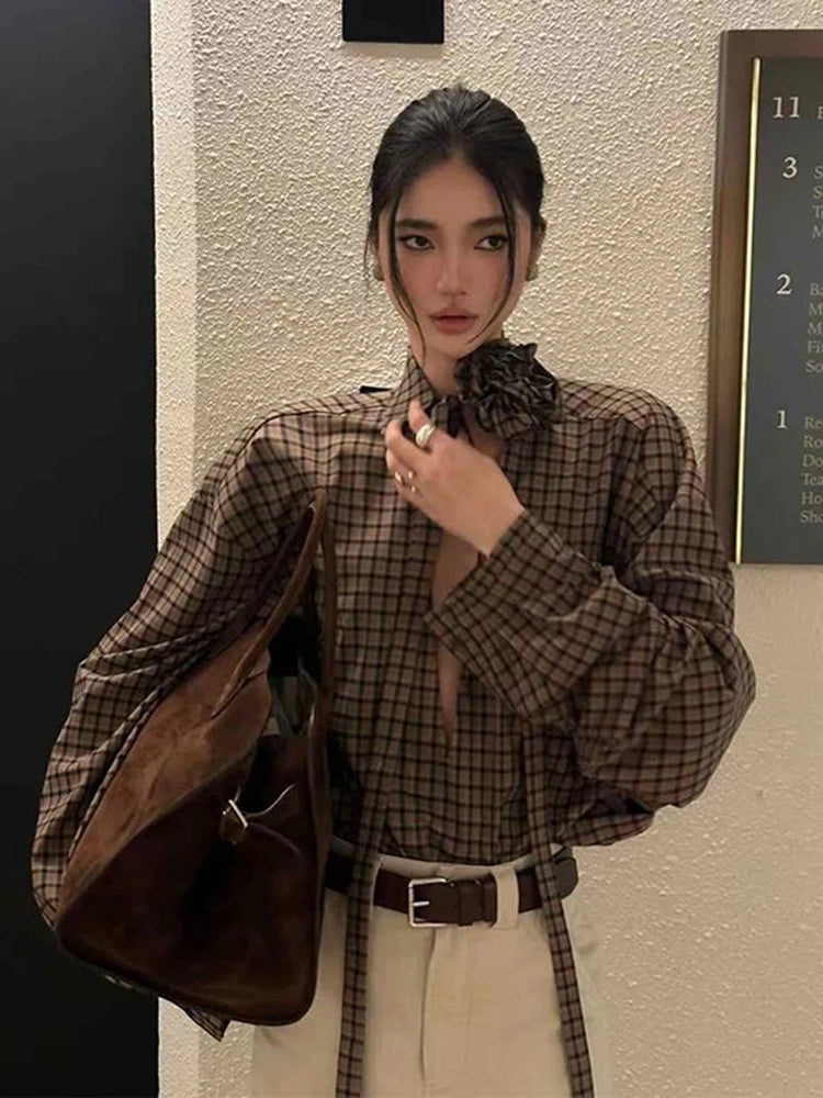 Jmprs Hollow Out Y2K Plaid Shirts Women Streetwear Vintage 3D Floral Lace Up Blouse Gothic Long Sleeve Loose American Casual Top