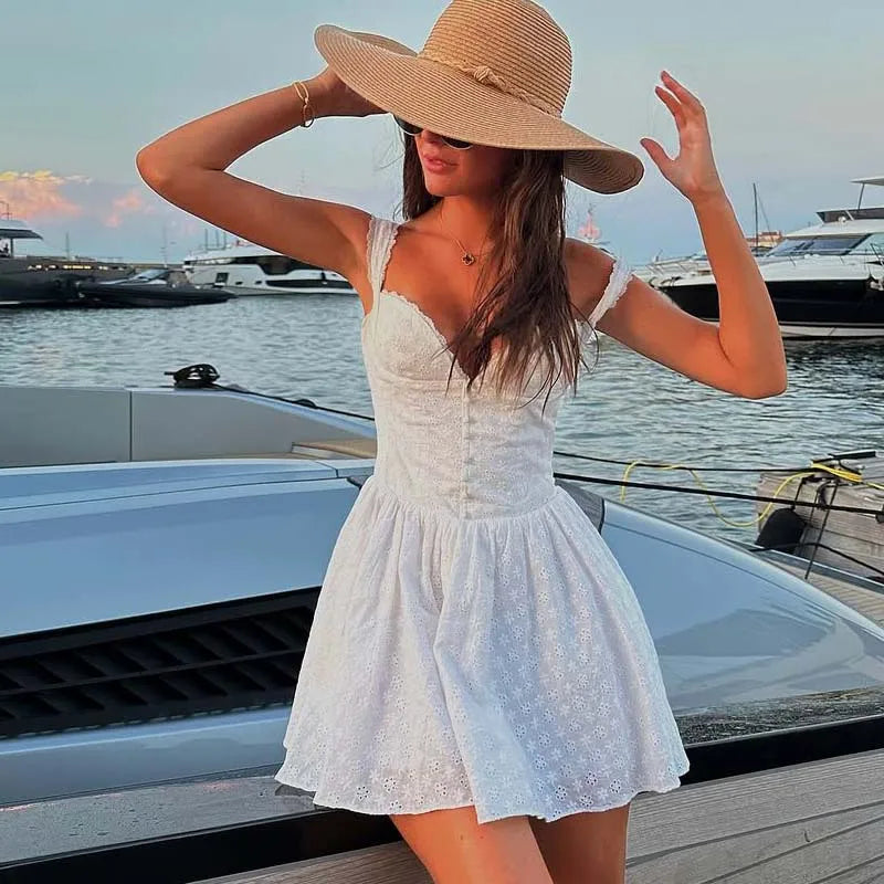 YENKYE Sexy Women Fashion Hollow Out Embroidery Sling White Dress Summer Sleeveless  Low Waist Female Party Mini Dresses