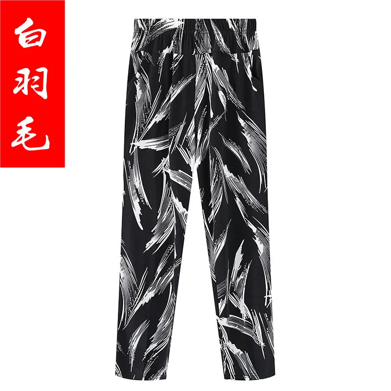 Summer Women's Printed Pants 2023 New Elastic High Waist Thin Ice Silk Pants Loose Large Size Women's Casual Ninth Pants 7XL 8XL