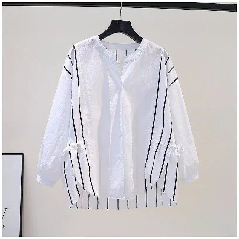 95% Cotton Shirts Women Fashion Stripe Design Khaki Blouses Drawstring Waist Loose Long Sleeve Shirt Spring Summer Literary Tops