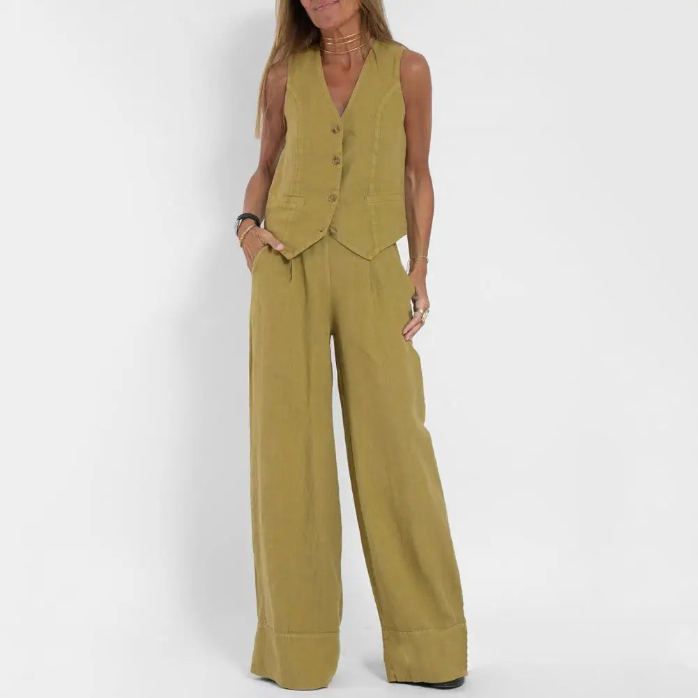 Casual Style Suit Set Fashionable Women's Cotton Linen Suit Sleeveless Vest Wide Leg Pants Set for Office or Casual Wear