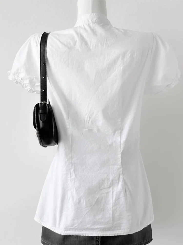 Jmpr Slim V Neck Sweet White Blouse Women Elegant Fashion Korean Short Sleeve Shirt Summer Simple Ruffles Lady Preppy Style Tops