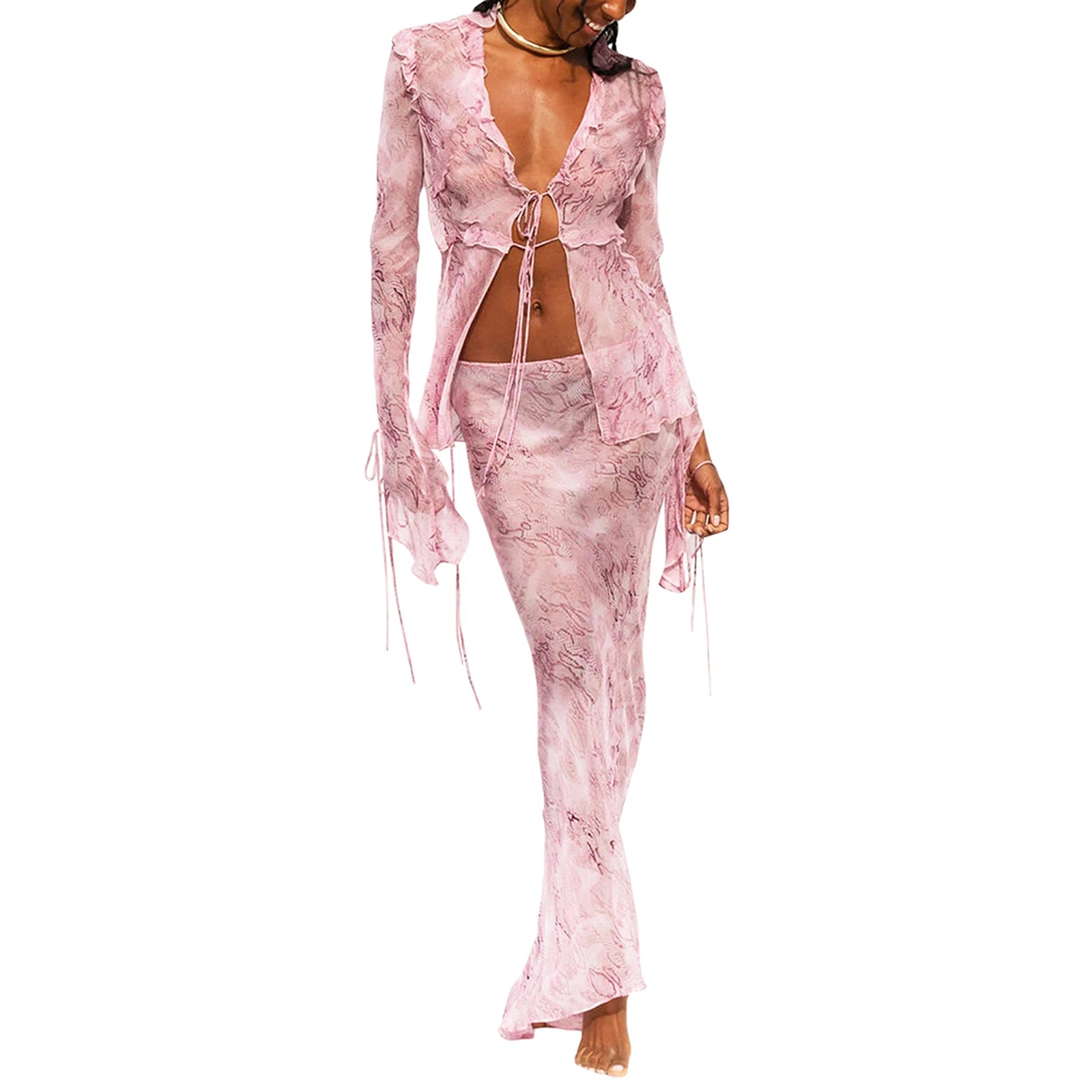 Women Chic Elegant Skirt Set Sexy Mesh Sheer Tie Front Flare Sleeve Tops and Long Skirt Suits Summer Fashion Two Piece Outfits