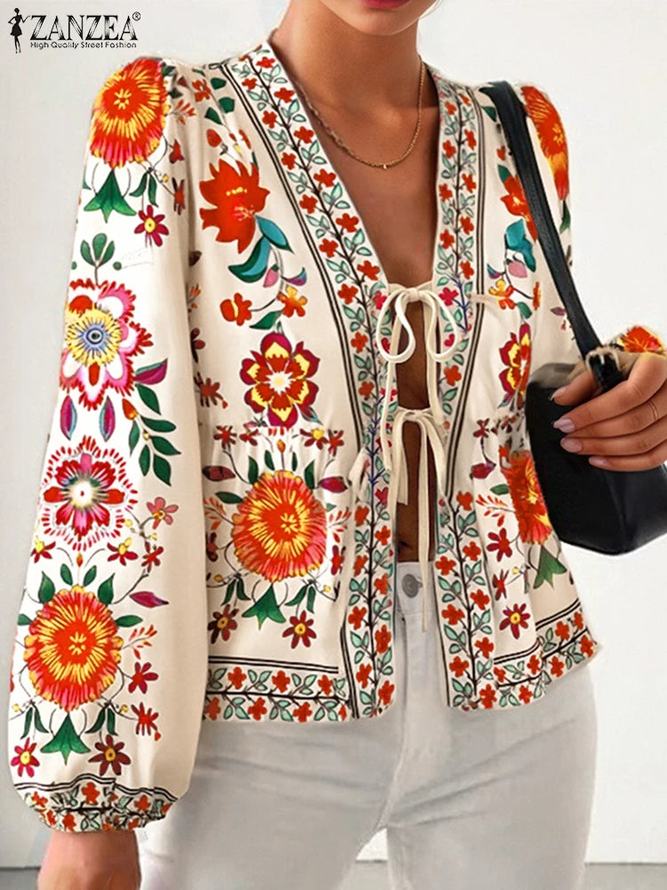 Bohemian Printed Holiday Shirt Women's Summer Blouses ZANZEA 2025 Fashion Long Sleeve Blusas Female Floral Tunic Cardigan Tops