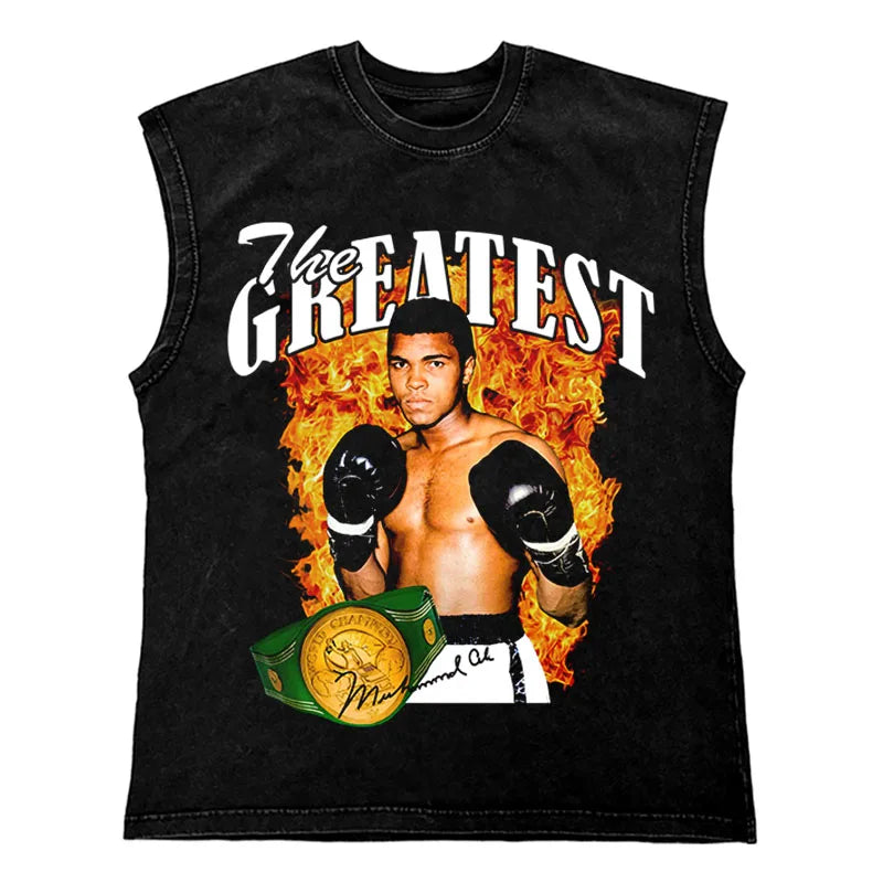 Hip Hop Streetwear T Shirt Men Washed Vest Oversized Cotton Combat Boxing Portrait Graphic Tank Tops 270Gym Tee Top Men Clothing