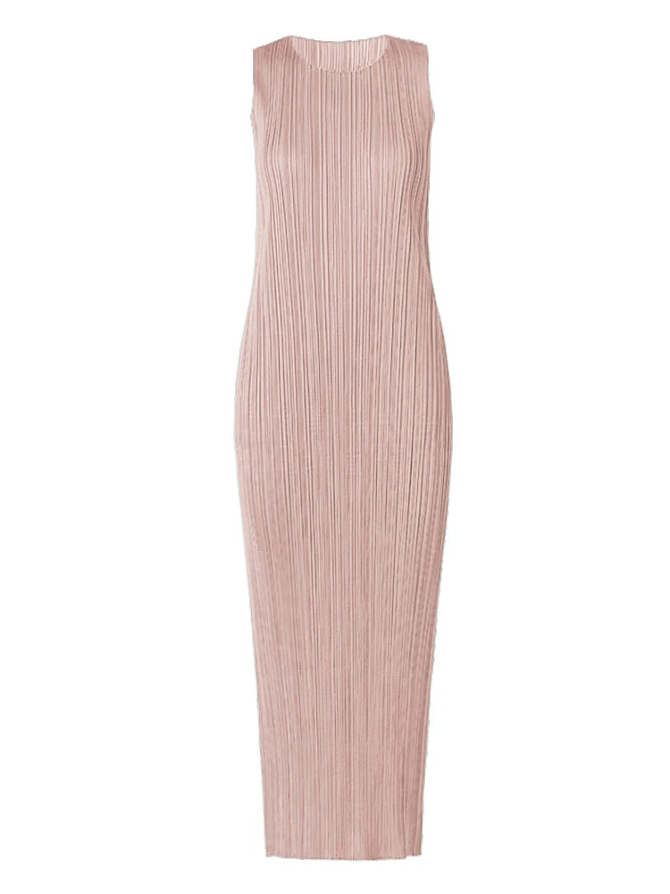 Miyake Pleated Women Dress Summer Sleeveless Long Classic Korean Fashion Casual Elegant Female Lce Water Blue Beach Dress TP5045