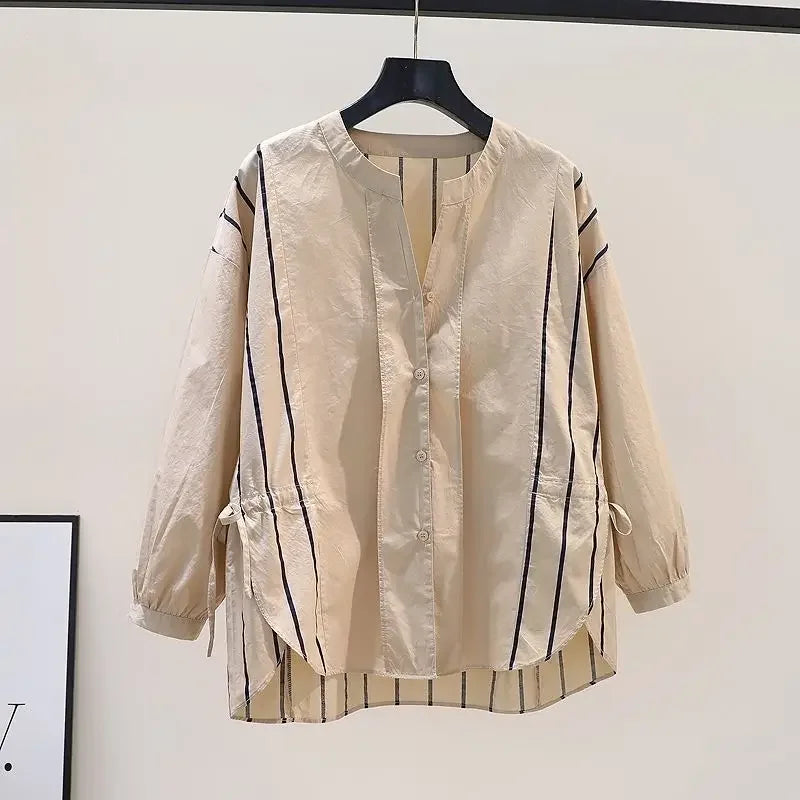 95% Cotton Shirts Women Fashion Stripe Design Khaki Blouses Drawstring Waist Loose Long Sleeve Shirt Spring Summer Literary Tops