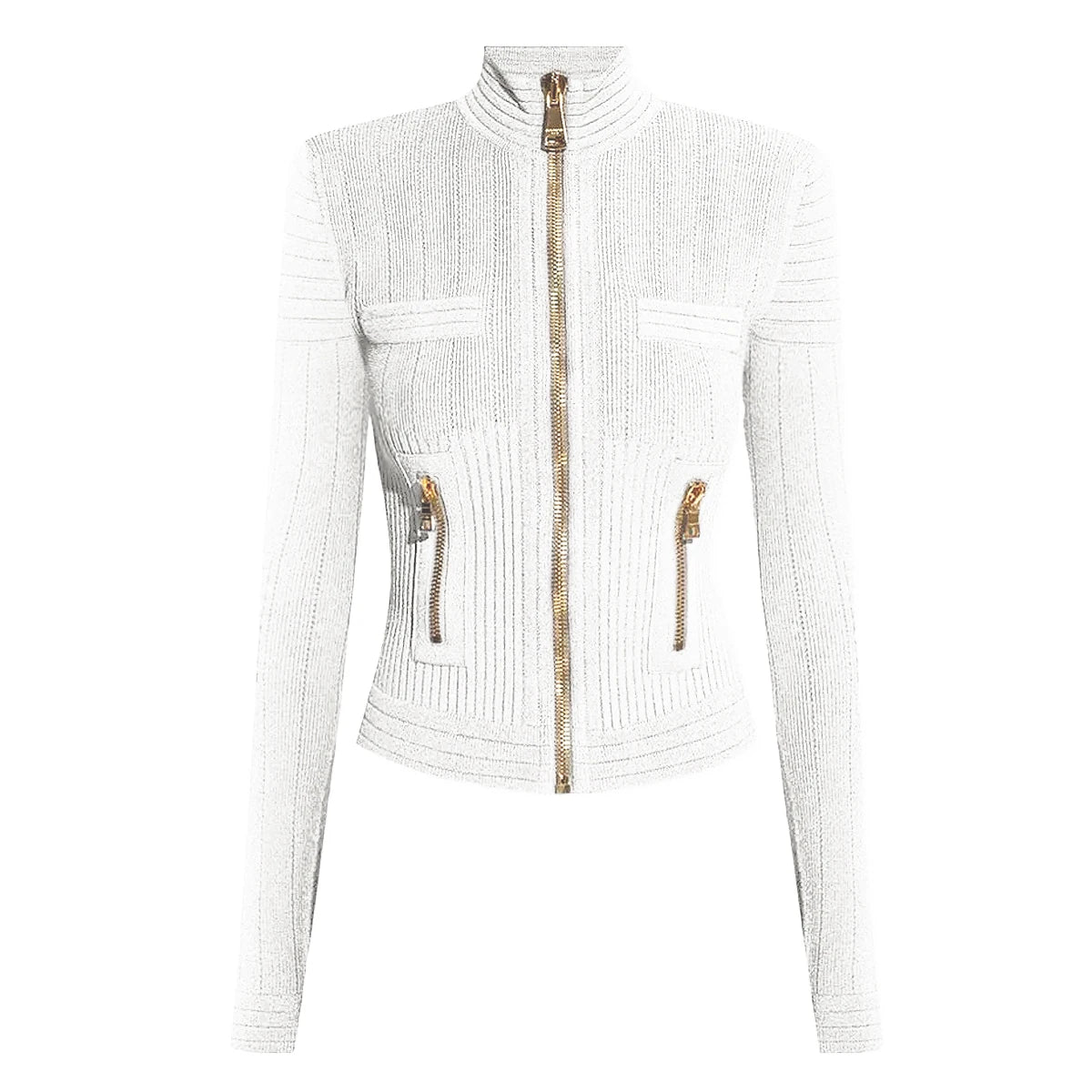 Black And White Two Colors High-quality Knitted Elastic Fabric Pocket Zipper High Neck Long Sleeved Slim Fit Women's Cardigan