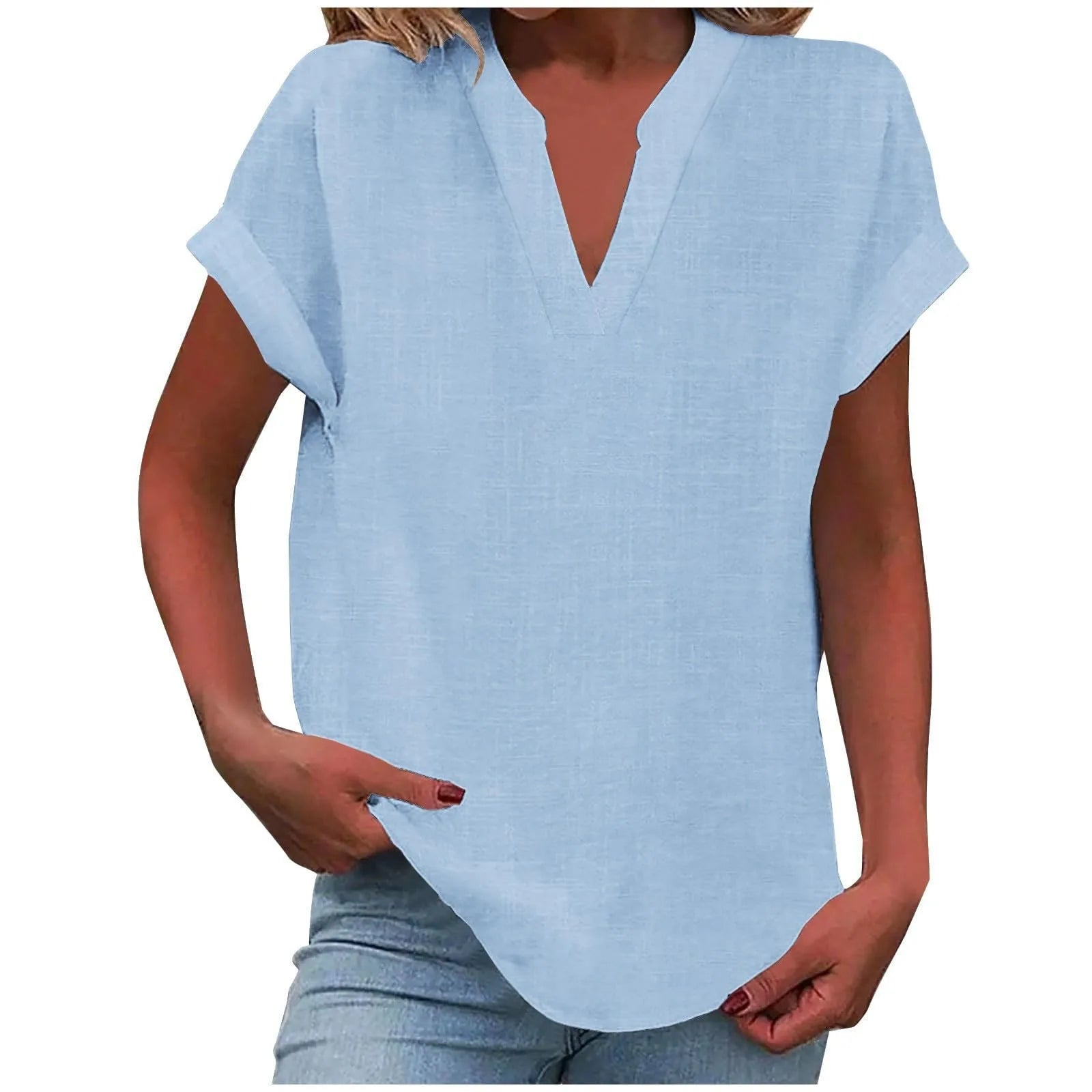 Summer Cotton Linen Breathable Solid Color Button Down V-neck Shirt Basic And Versatile Casual Comfortable Lady Office Tops 2025