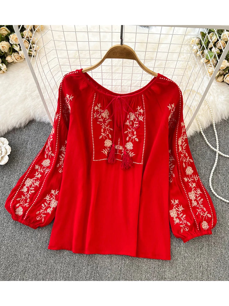 Women Spring Autumn Blouse Vintage National Style Long Sleeve Round Neck Pullover Embroidery Loose Shirt Doll Shirt Top D2761