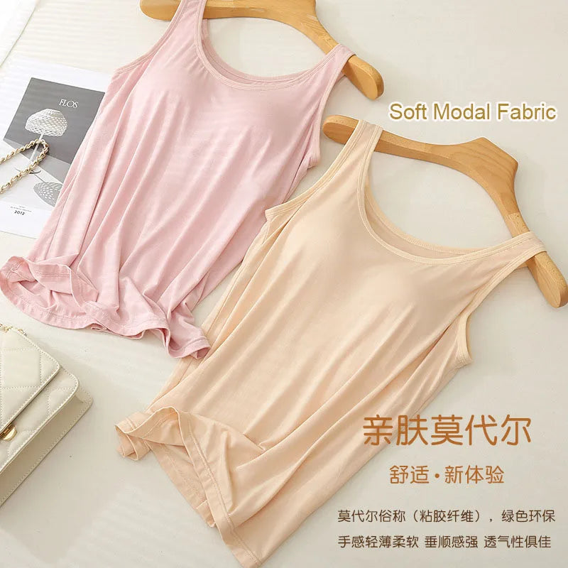 For 37-82kg Soft Modal Plus Size Tank Tops With Fixed Chest Pad For Women Integrated Wear-Free Underwear